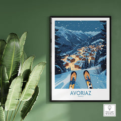 Avoriaz France Art Print | Ski Poster showcasing a snowy alpine village framed on a green wall with a plant.