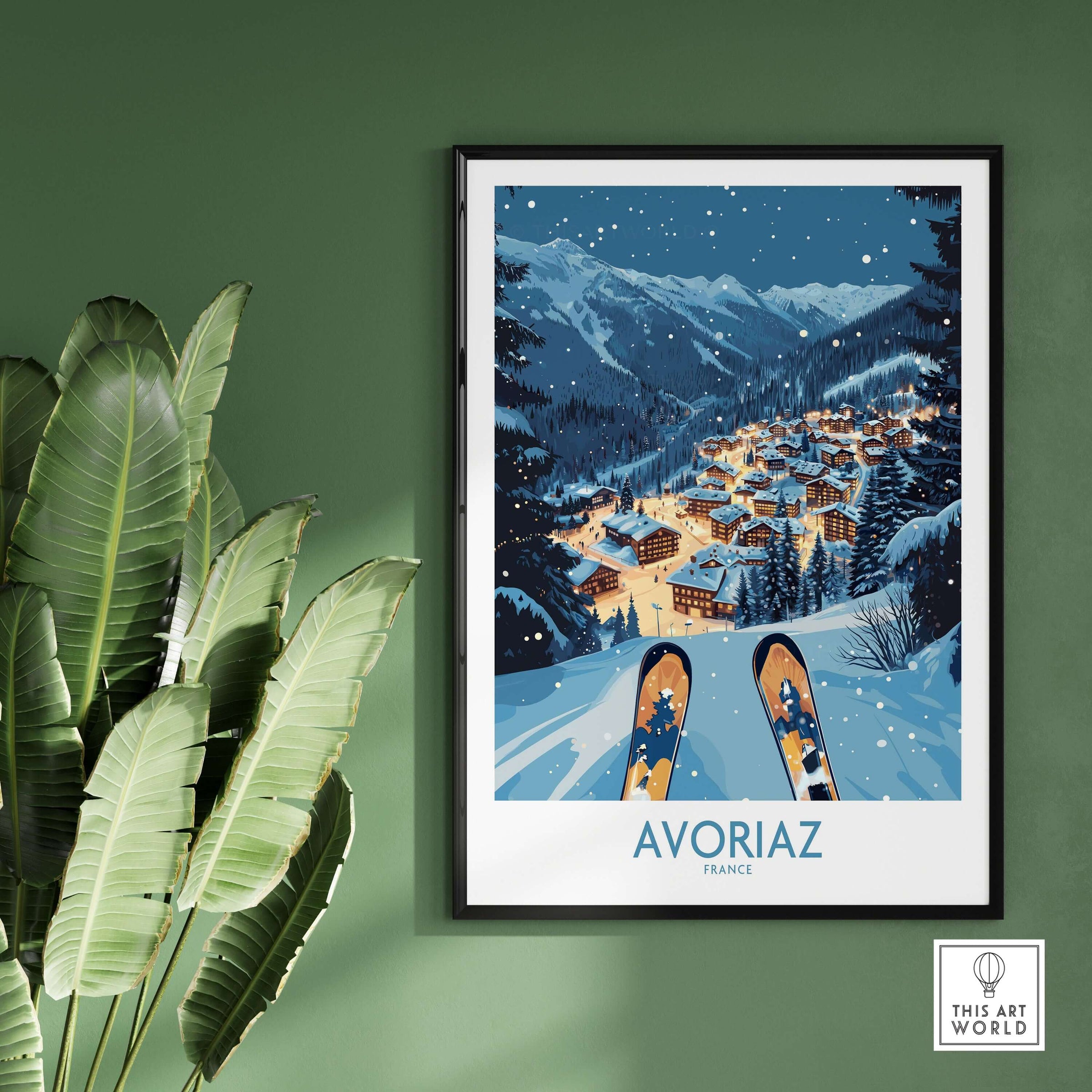 Avoriaz France Art Print | Ski Poster showcasing a snowy alpine village framed on a green wall with a plant.