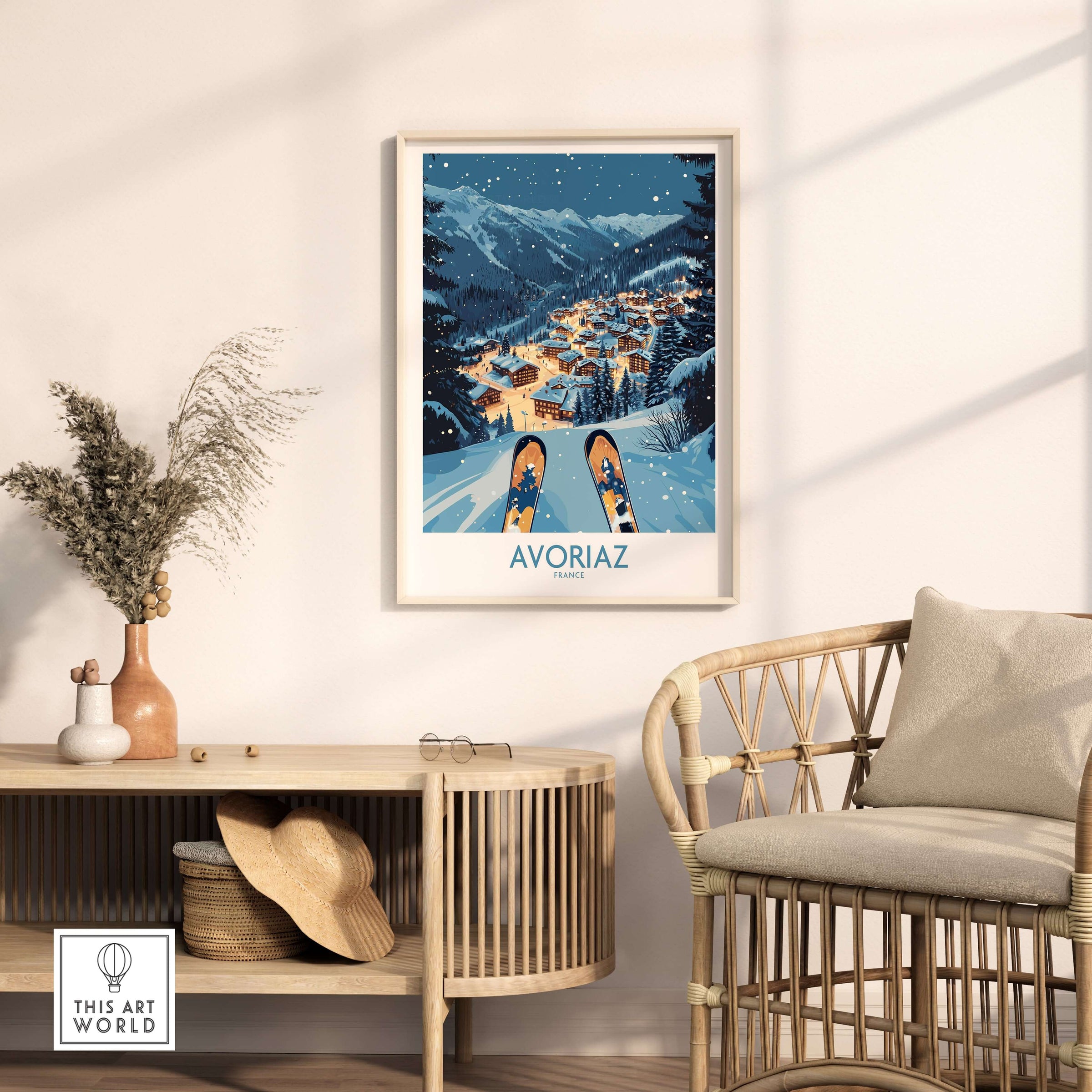 Avoriaz France Art Print | Ski Poster displayed on a wall, showcasing winter landscape and skiing scene.