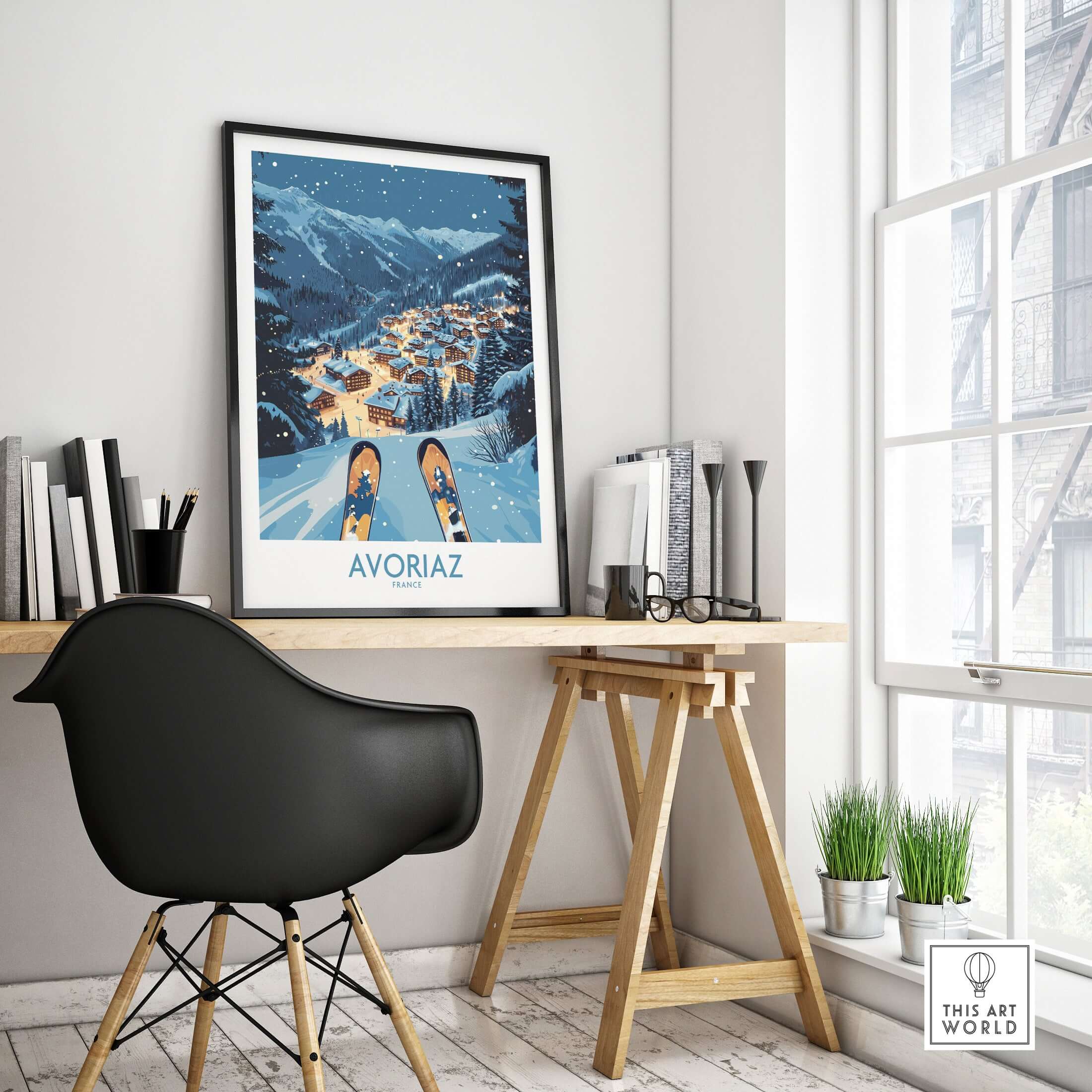 Avoriaz France Art Print | Ski Poster displayed in a modern workspace with stylish decor and winter landscape.