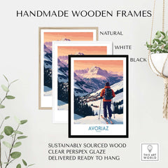 Handmade wooden frames for Avoriaz France Ski Art Print | Alps Village Poster in natural, white, and black colors.