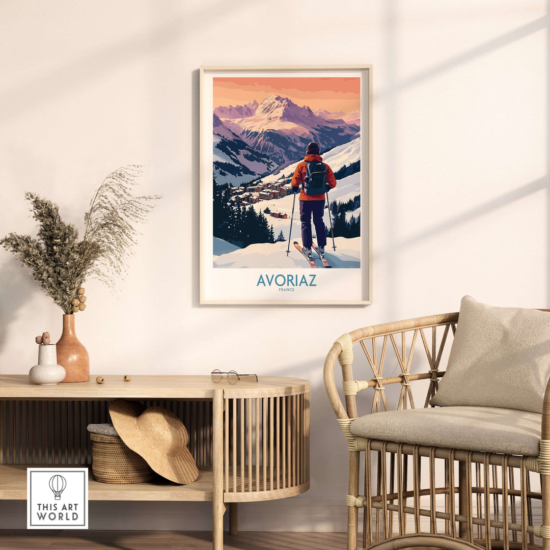 Avoriaz France Ski Art Print | Alps Village Poster showcasing a skier against a stunning alpine backdrop.