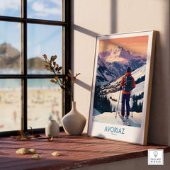 Avoriaz France Ski Art Print | Alps Village Poster displayed in a cozy room with a view of mountains.