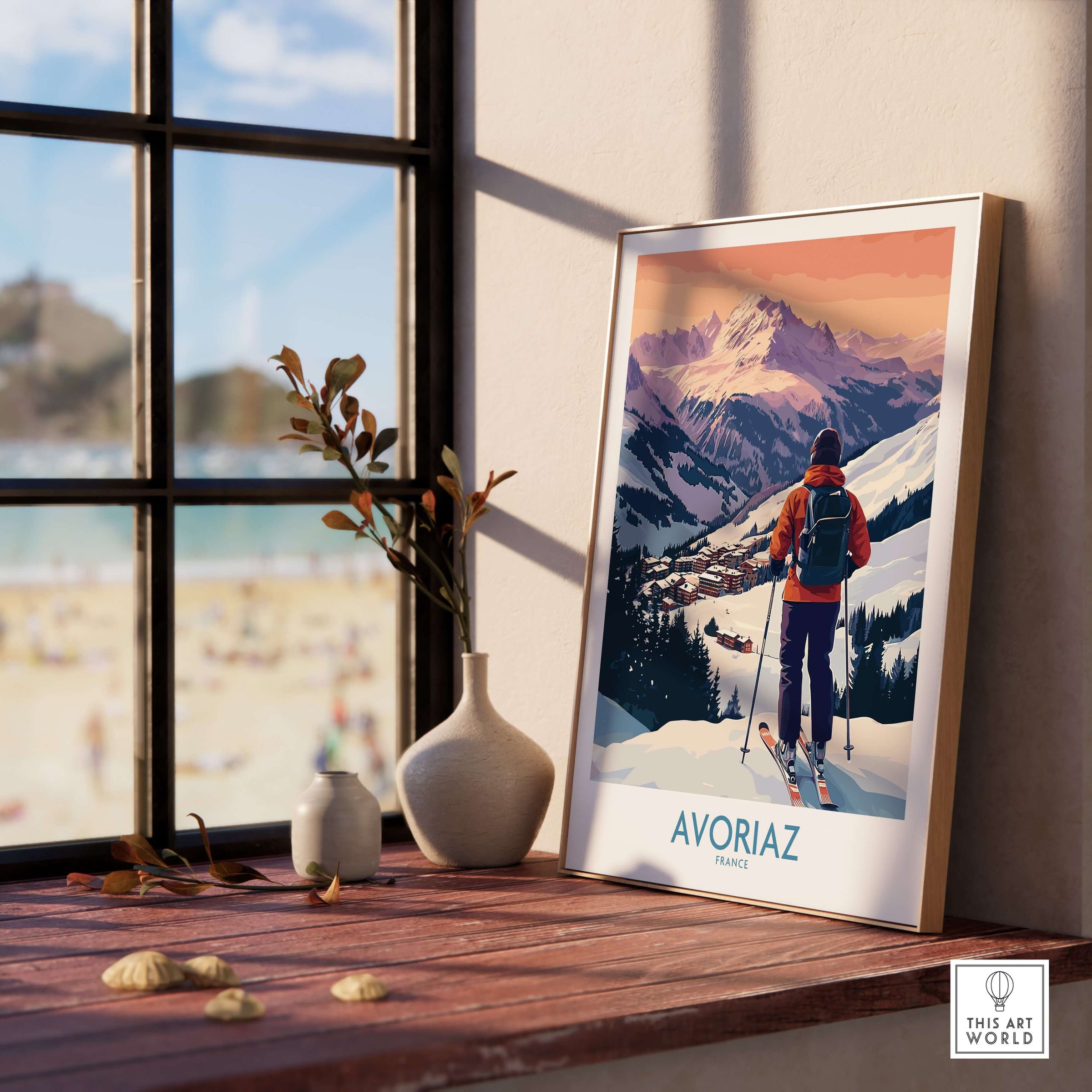 Avoriaz France Ski Art Print | Alps Village Poster displayed in a cozy room with a view of mountains.