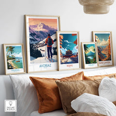 Avoriaz France Ski Art Print | Alps Village Poster displayed among various travel art prints in a cozy living room setting