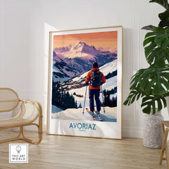 Avoriaz France Ski Art Print | Alps Village Poster featuring a skier overlooking a picturesque snow-covered village in the Alps.