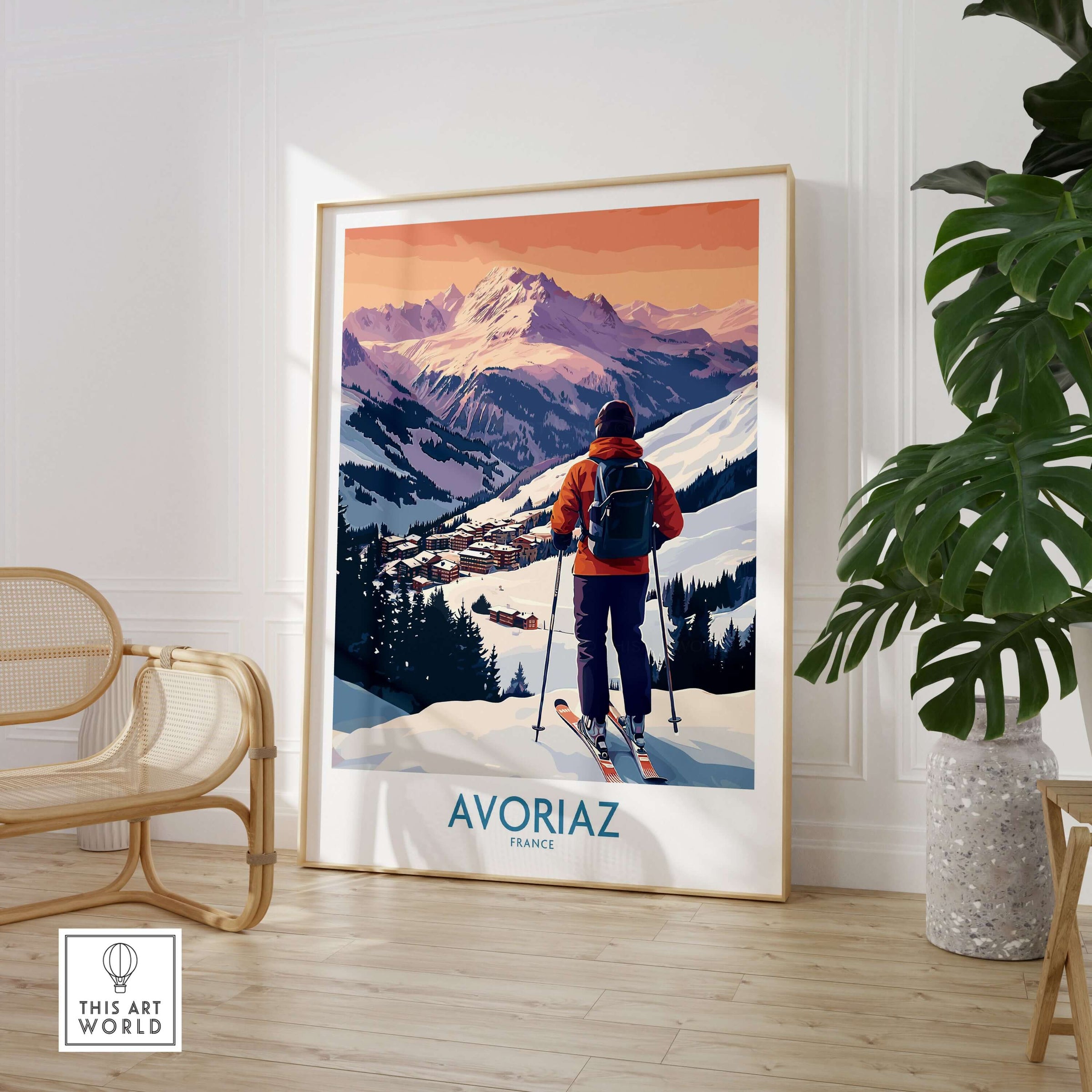 Avoriaz France Ski Art Print | Alps Village Poster featuring a skier overlooking a picturesque snow-covered village in the Alps.