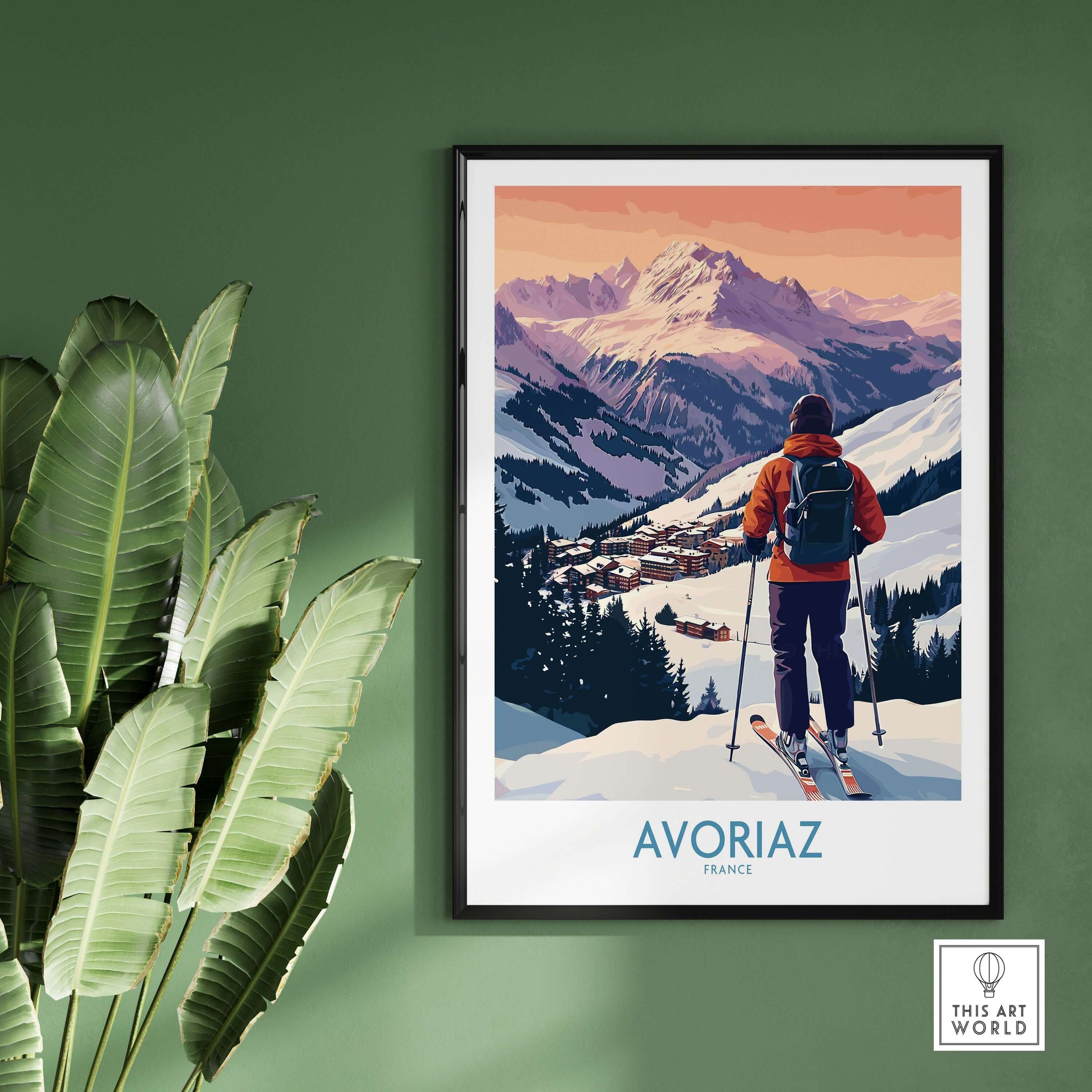 Avoriaz France Ski Art Print | Alps Village Poster showcasing skiing in snowy mountains.