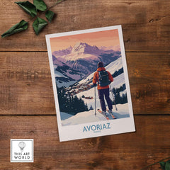 Avoriaz France Ski Art Print | Alps Village Poster showcasing a skier in the French Alps with beautiful mountains.