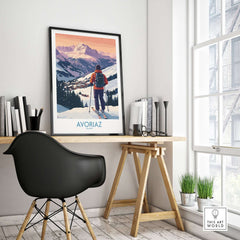 Avoriaz France Ski Art Print | Alps Village Poster displayed in a cozy home office with mountain view.