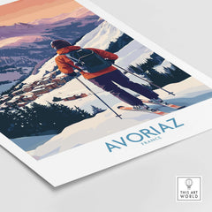 Avoriaz France Ski Art Print | Alps Village Poster featuring skier overlooking snowy village and mountains.