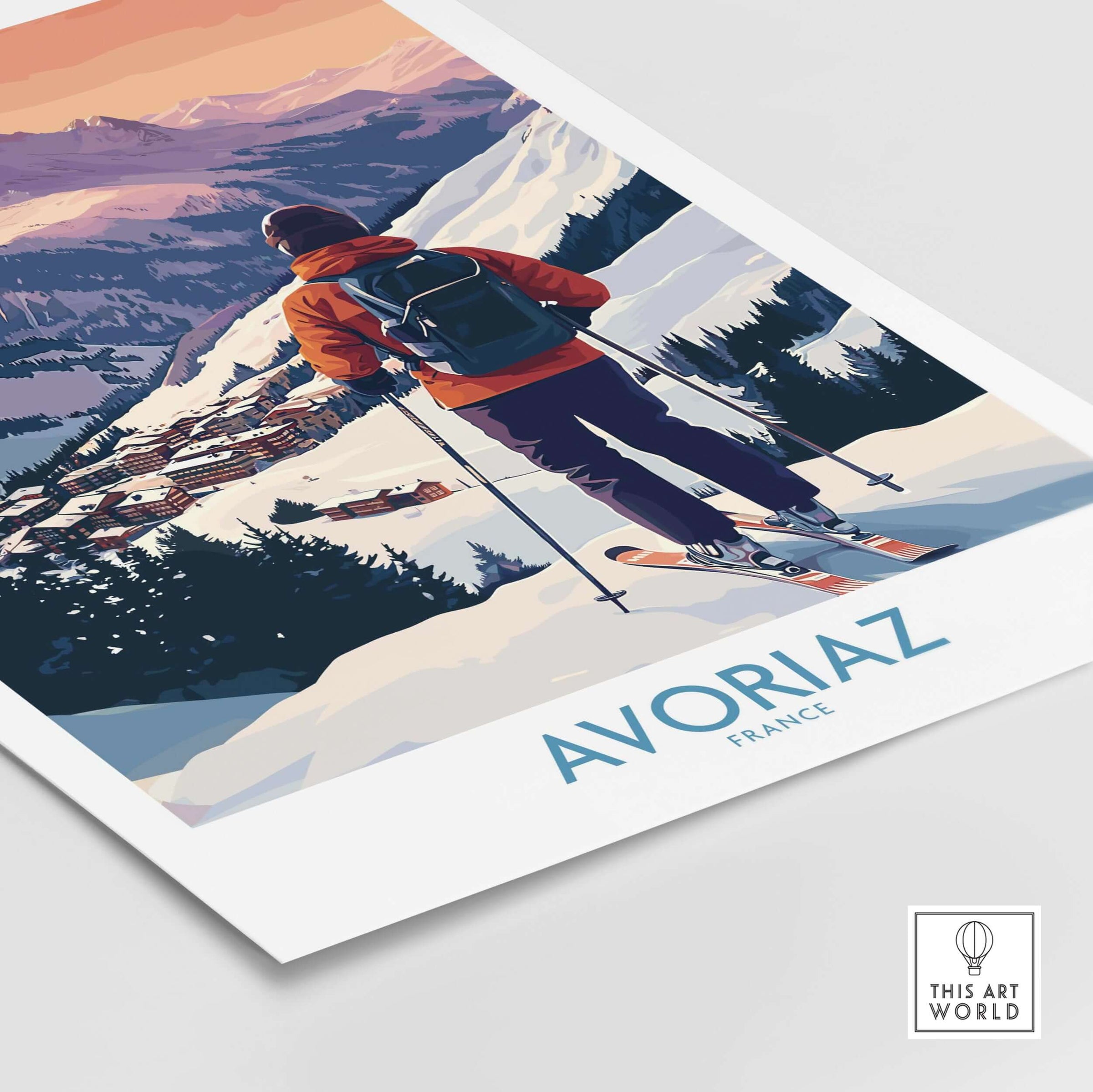 Avoriaz France Ski Art Print | Alps Village Poster featuring skier overlooking snowy village and mountains.