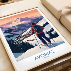 Avoriaz France Ski Art Print | Alps Village Poster featuring skier overlooking beautiful alpine village