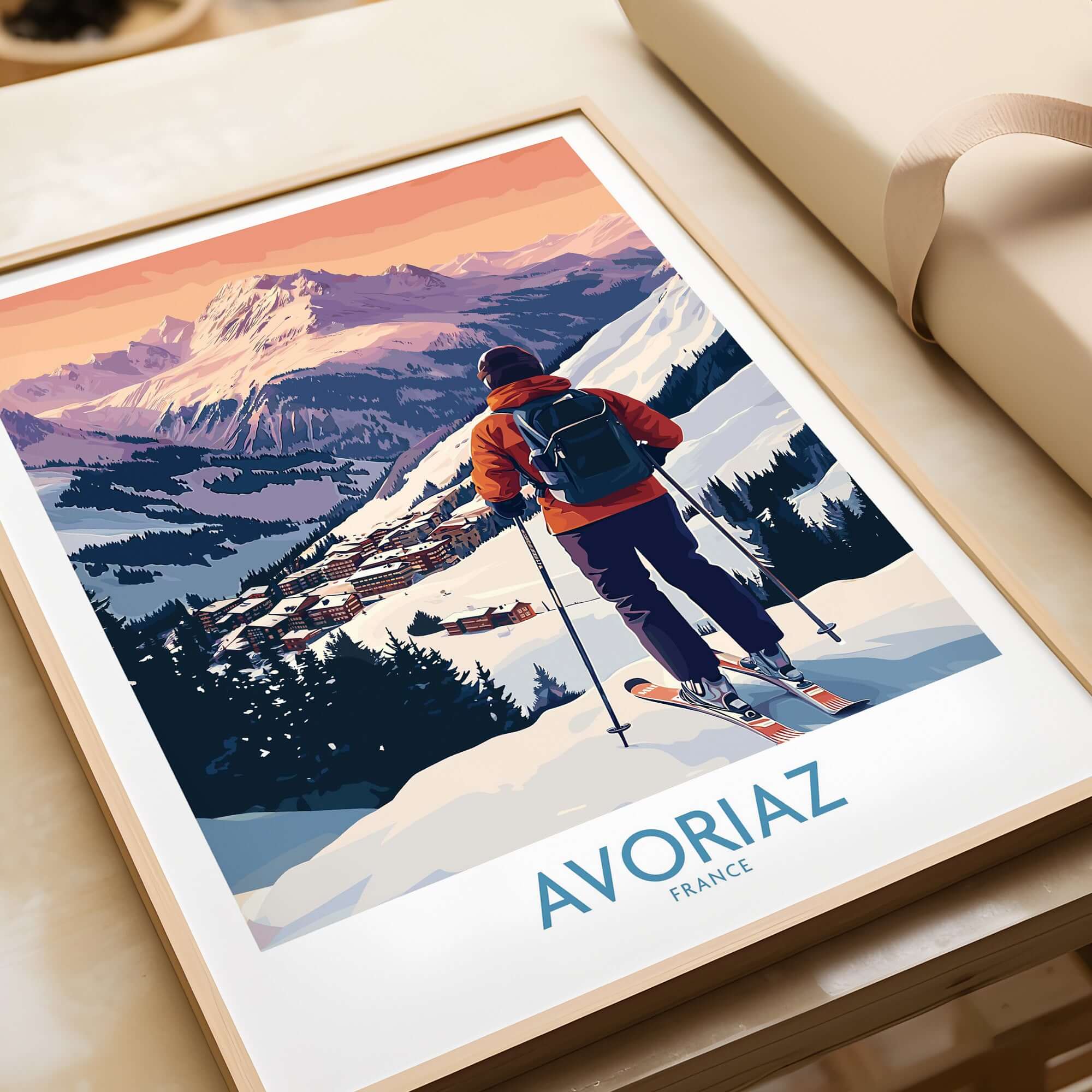 Avoriaz France Ski Art Print | Alps Village Poster featuring skier overlooking beautiful alpine village