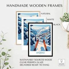 Avoriaz France Ski Art Print | Mountain Chalet Poster framed in natural, white, and black handmade wooden frames.