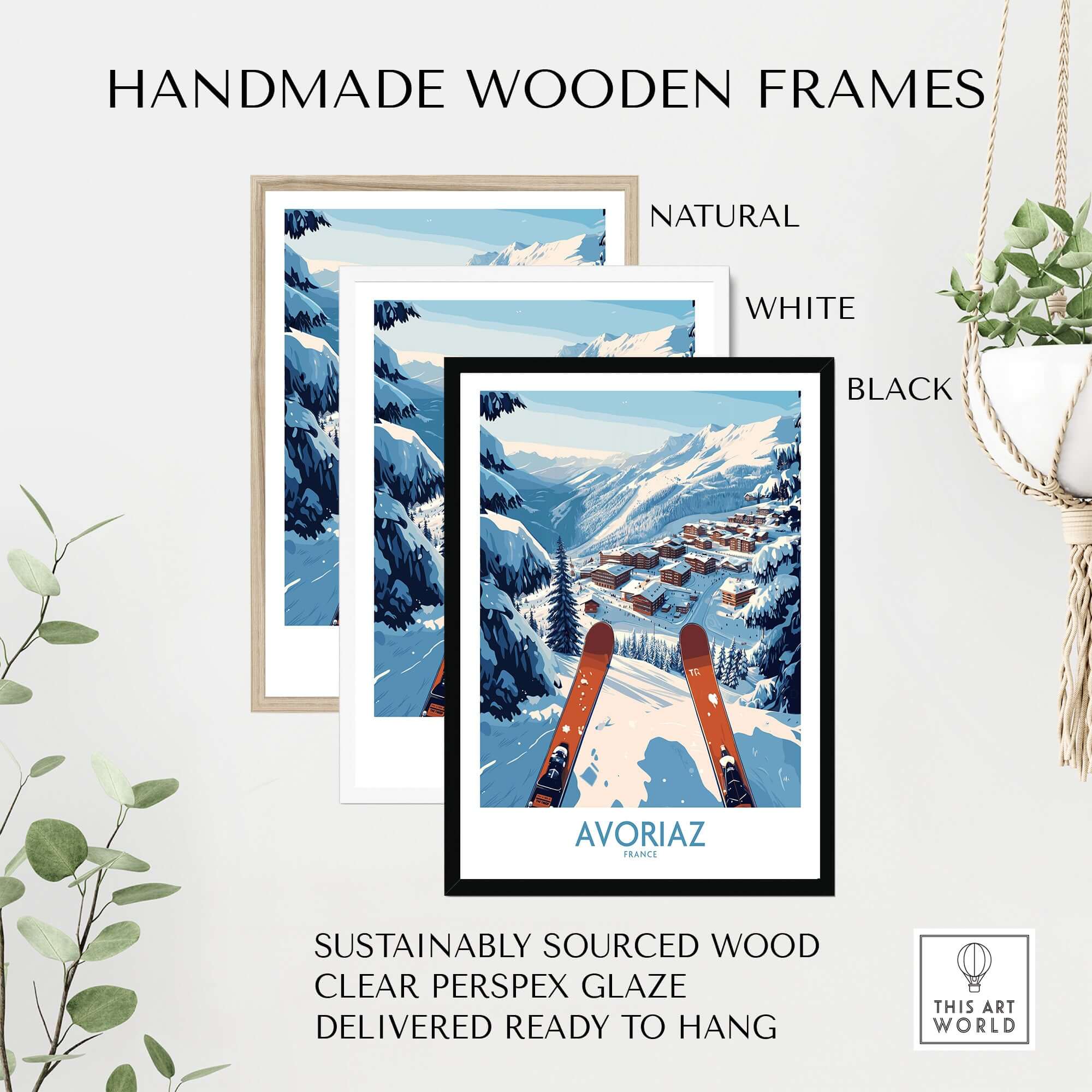 Avoriaz France Ski Art Print | Mountain Chalet Poster framed in natural, white, and black handmade wooden frames.