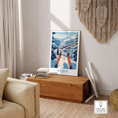 Avoriaz France Ski  Art Print | Mountain Chalet Poster displayed in a cozy living room setting.