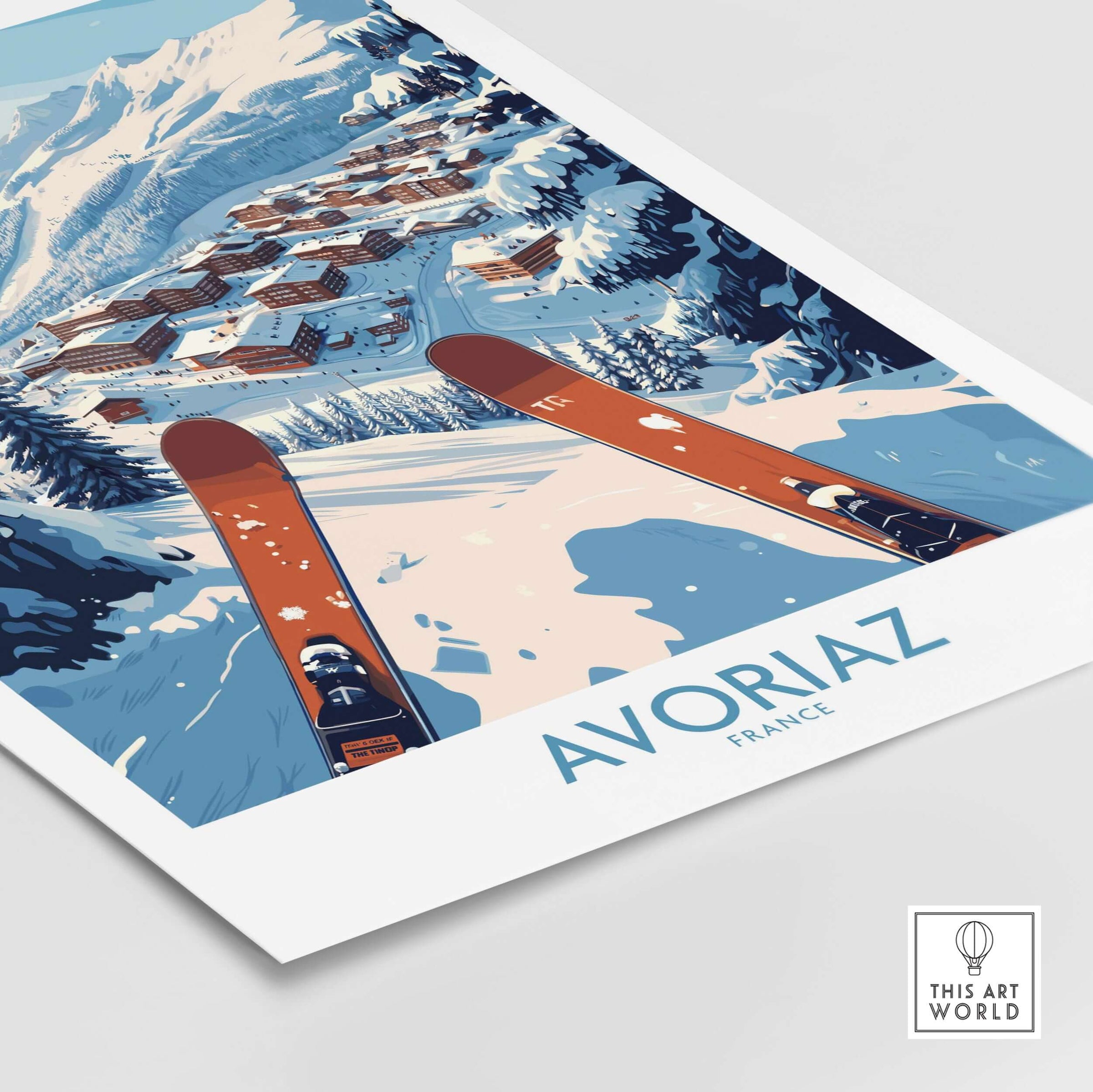Avoriaz France Ski Art Print | Mountain Chalet Poster showcasing snowy slopes and cozy chalet views.