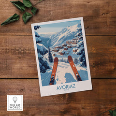 Avoriaz France Ski  Art Print | Mountain Chalet Poster featuring a snowy mountain landscape and ski equipment.