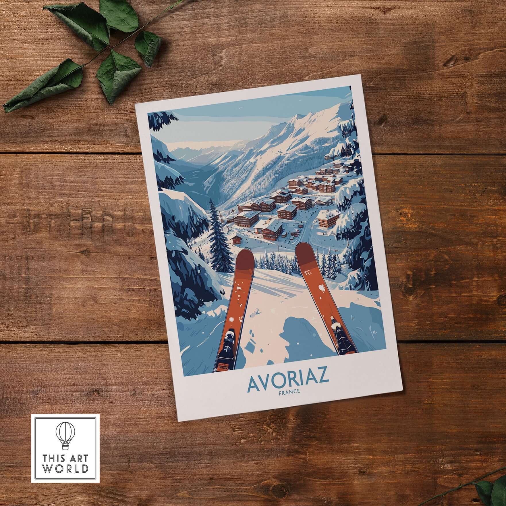Avoriaz France Ski  Art Print | Mountain Chalet Poster featuring a snowy mountain landscape and ski equipment.