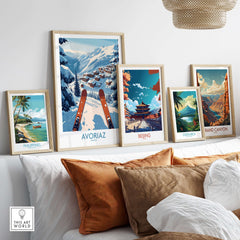 Avoriaz France Ski Art Print | Mountain Chalet Poster displayed among other art prints in a chic interior setting.