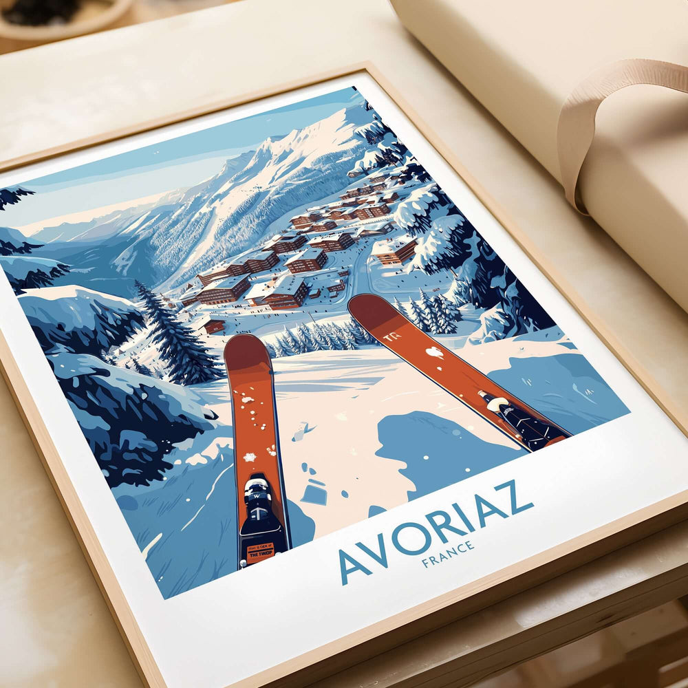 Avoriaz France Ski Art Print | Mountain Chalet Poster featuring snowy landscape and ski route.