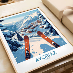 Avoriaz France Ski Art Print | Mountain Chalet Poster featuring snowy landscape and ski route.