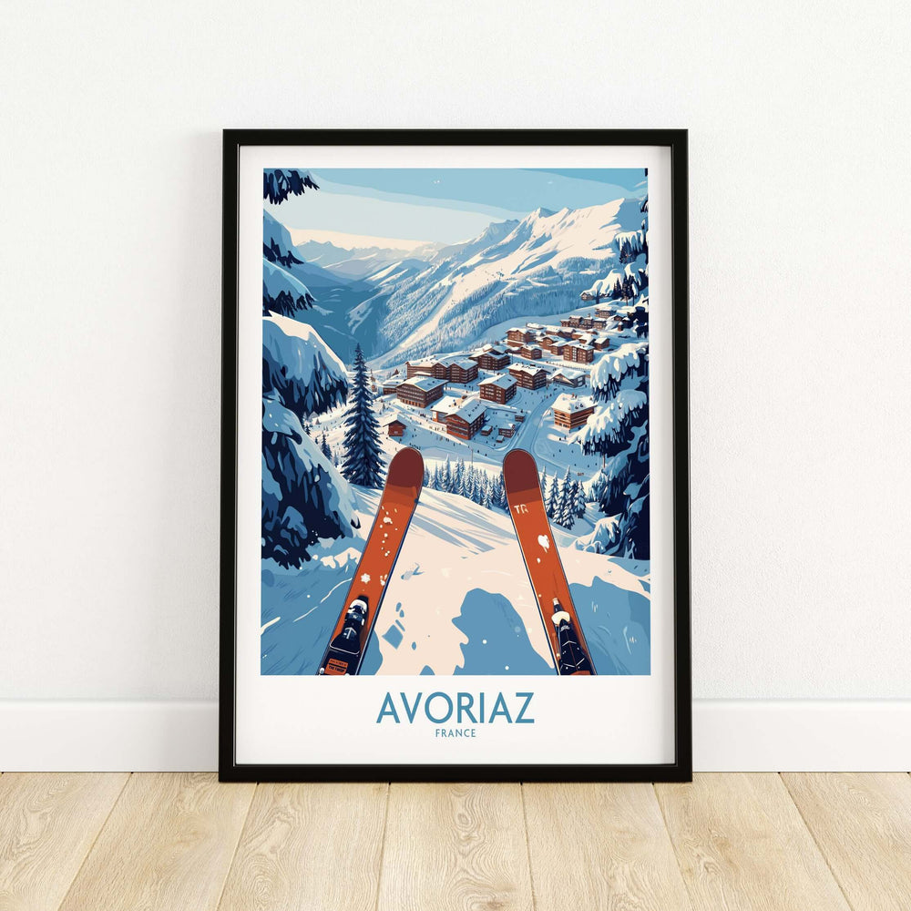 Avoriaz France Ski  Art Print | Mountain Chalet Poster showcasing a snowy mountain landscape and ski equipment.
