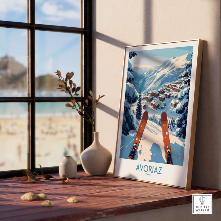 Avoriaz France Ski  Art Print | Mountain Chalet Poster displayed in a cozy interior with a scenic mountain view.