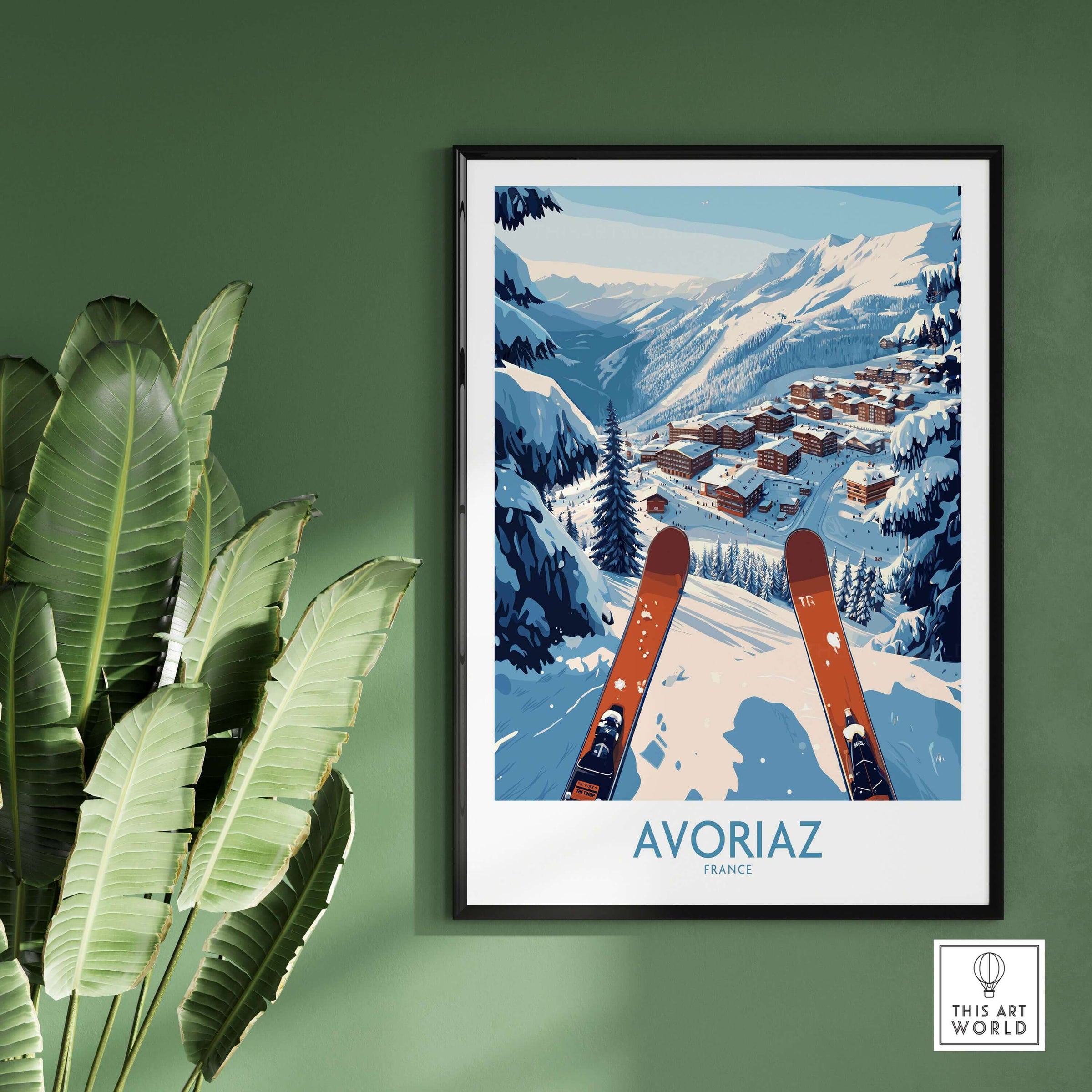 Avoriaz France Ski Art Print | Mountain Chalet Poster featuring a scenic winter landscape.