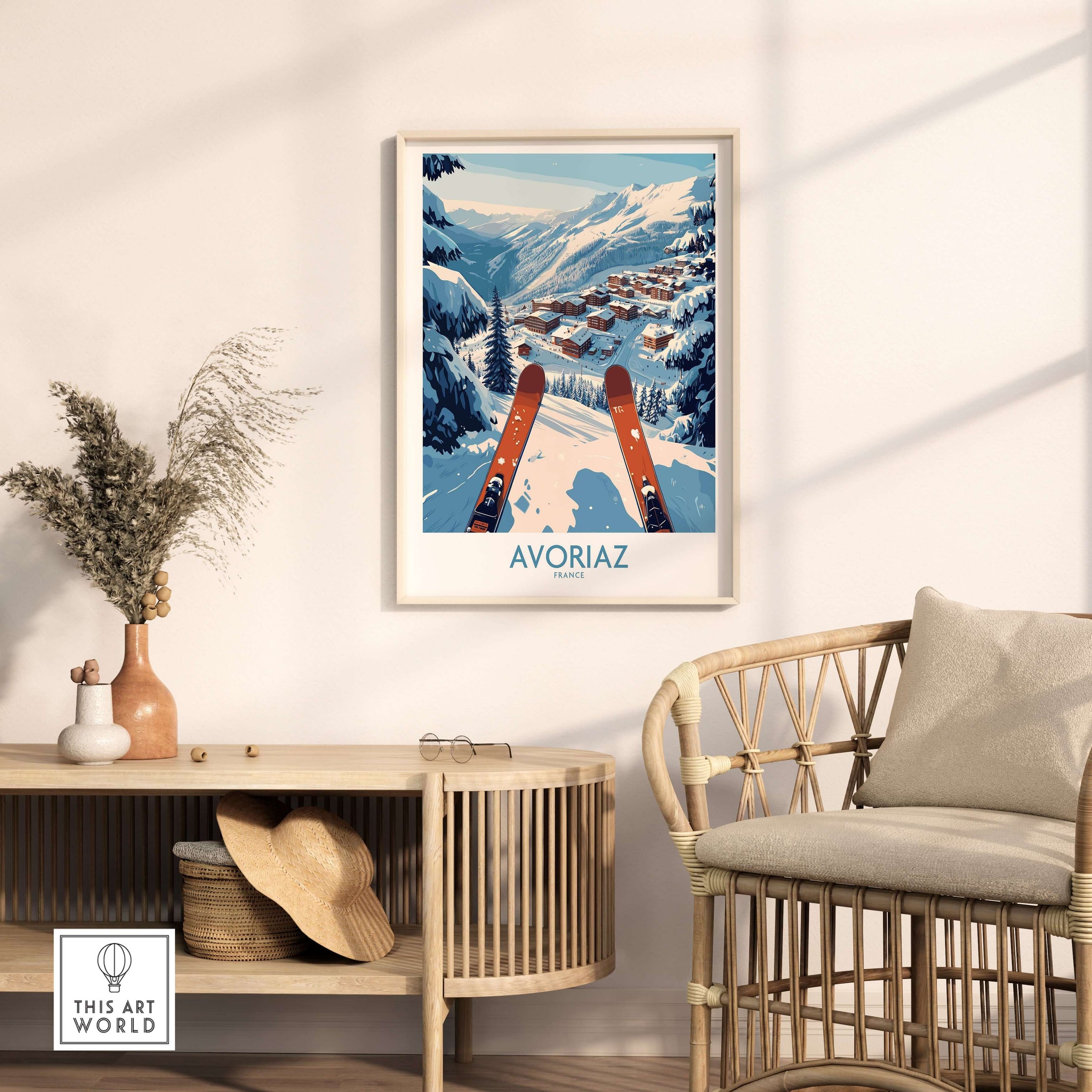 Avoriaz France Ski Art Print | Mountain Chalet Poster displayed in a cozy interior setting with skis and mountain views.