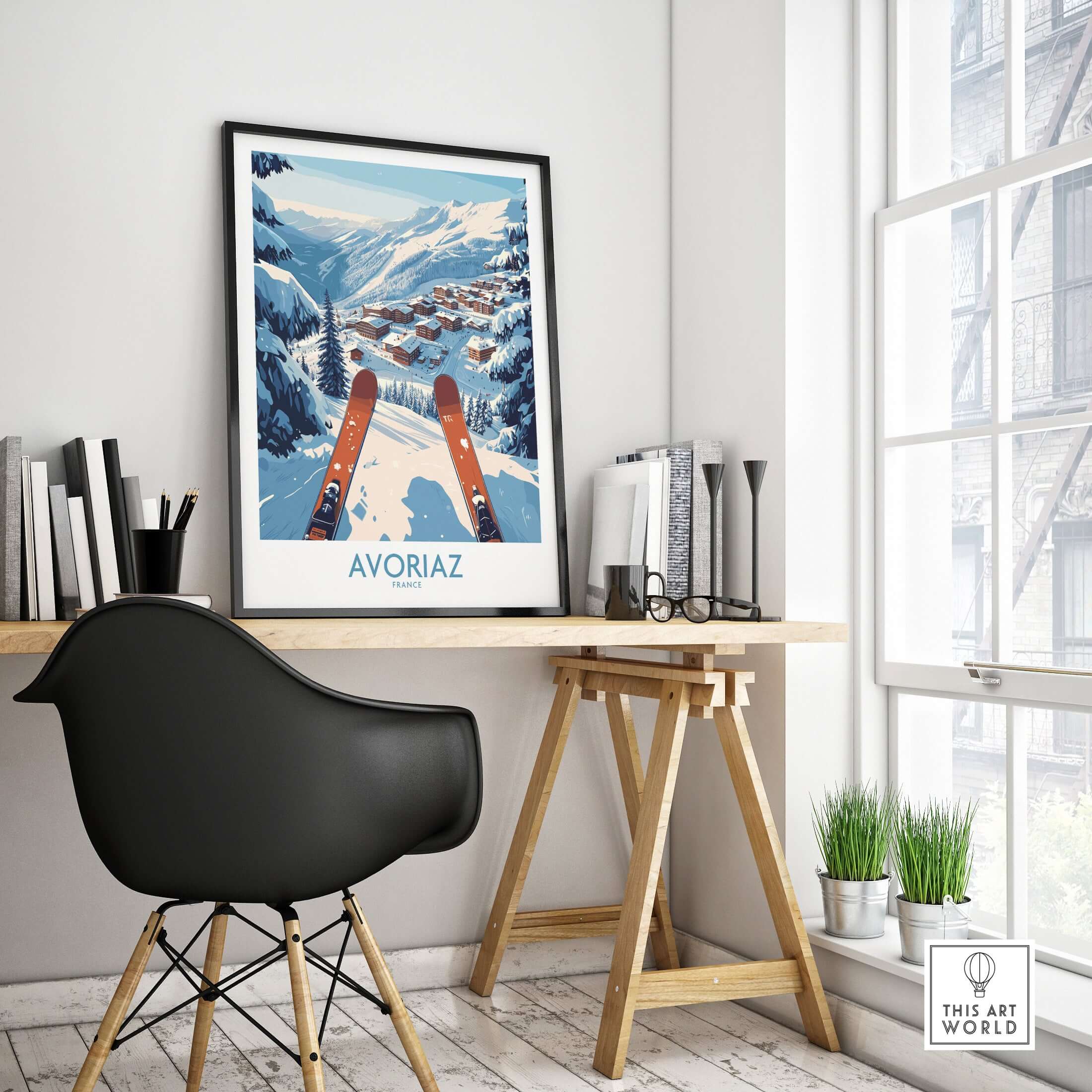 Avoriaz France Ski Art Print | Mountain Chalet Poster displayed on a desk in a modern interior.
