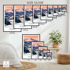 Avoriaz France Ski Art Print | Alps Village Poster size guide showcasing various dimensions for home decor.