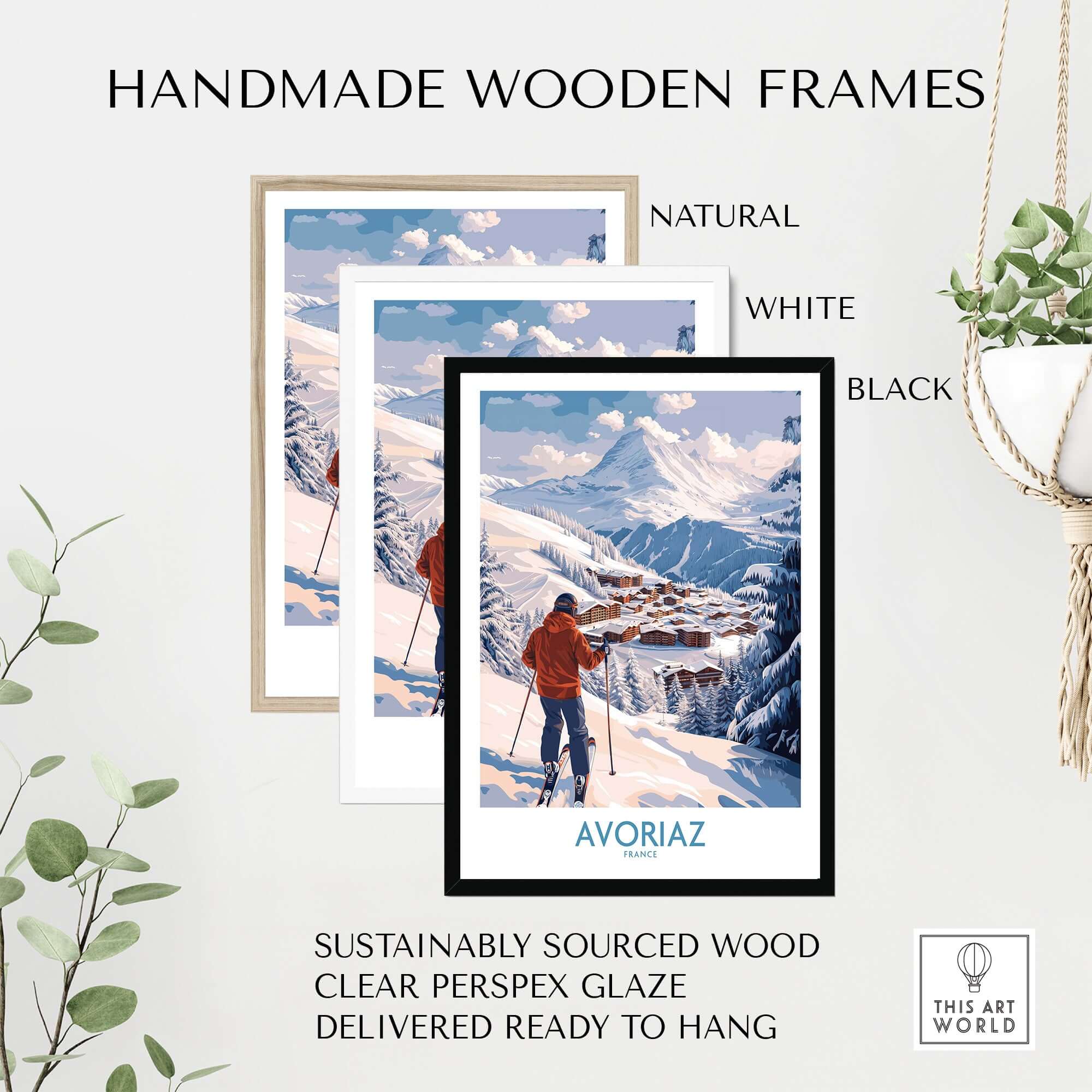 Avoriaz France Ski Chalet Village Art Print | Alpine Skiing Poster framed in handmade wooden frames.