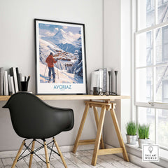 Avoriaz France Ski Chalet Village Art Print | Alpine Skiing Poster in a stylish workspace, showcasing winter beauty.