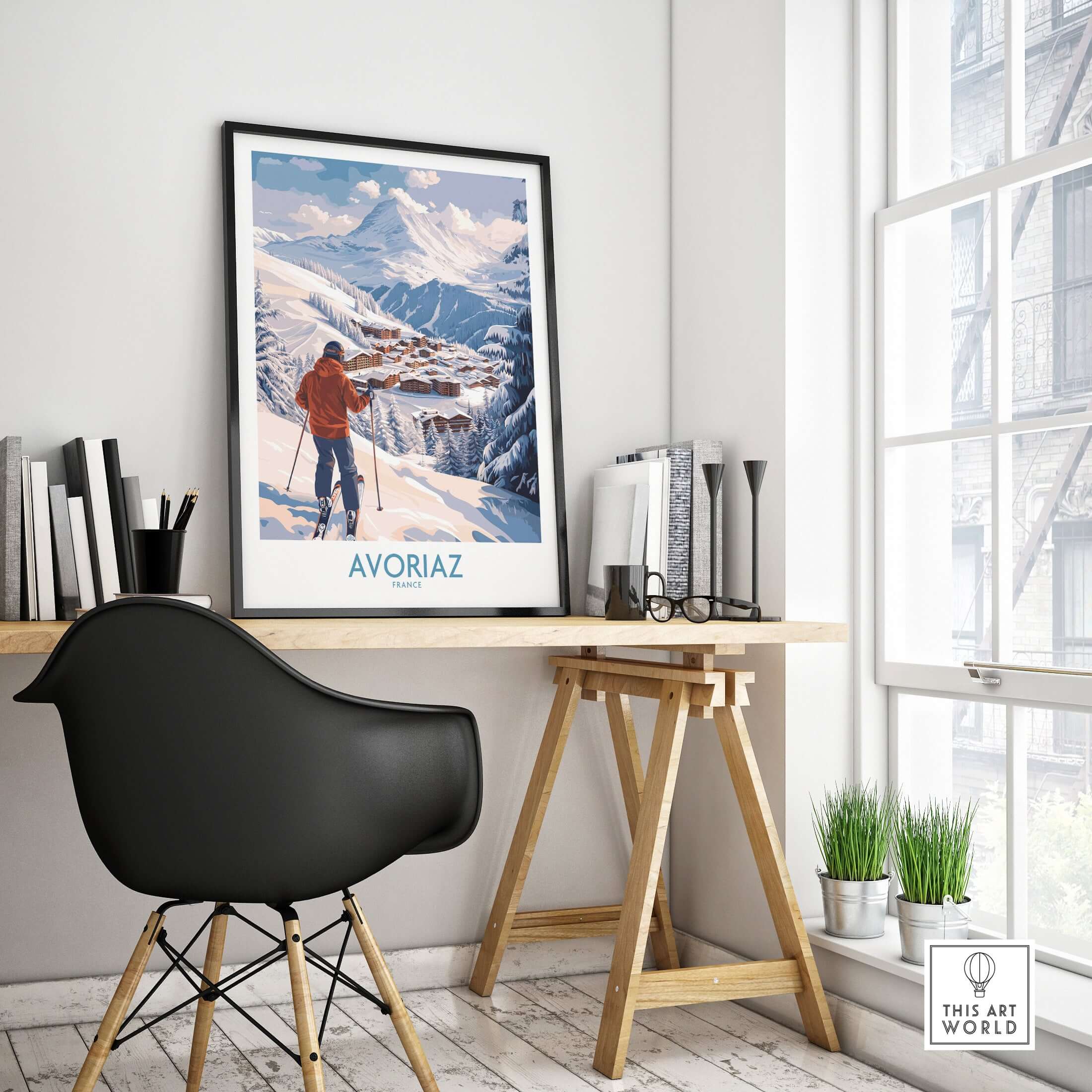 Avoriaz France Ski Chalet Village Art Print | Alpine Skiing Poster in a stylish workspace, showcasing winter beauty.