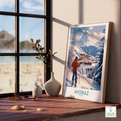 Avoriaz France Ski Chalet Village Art Print | Alpine Skiing Poster displayed in a cozy room setting with a window view.