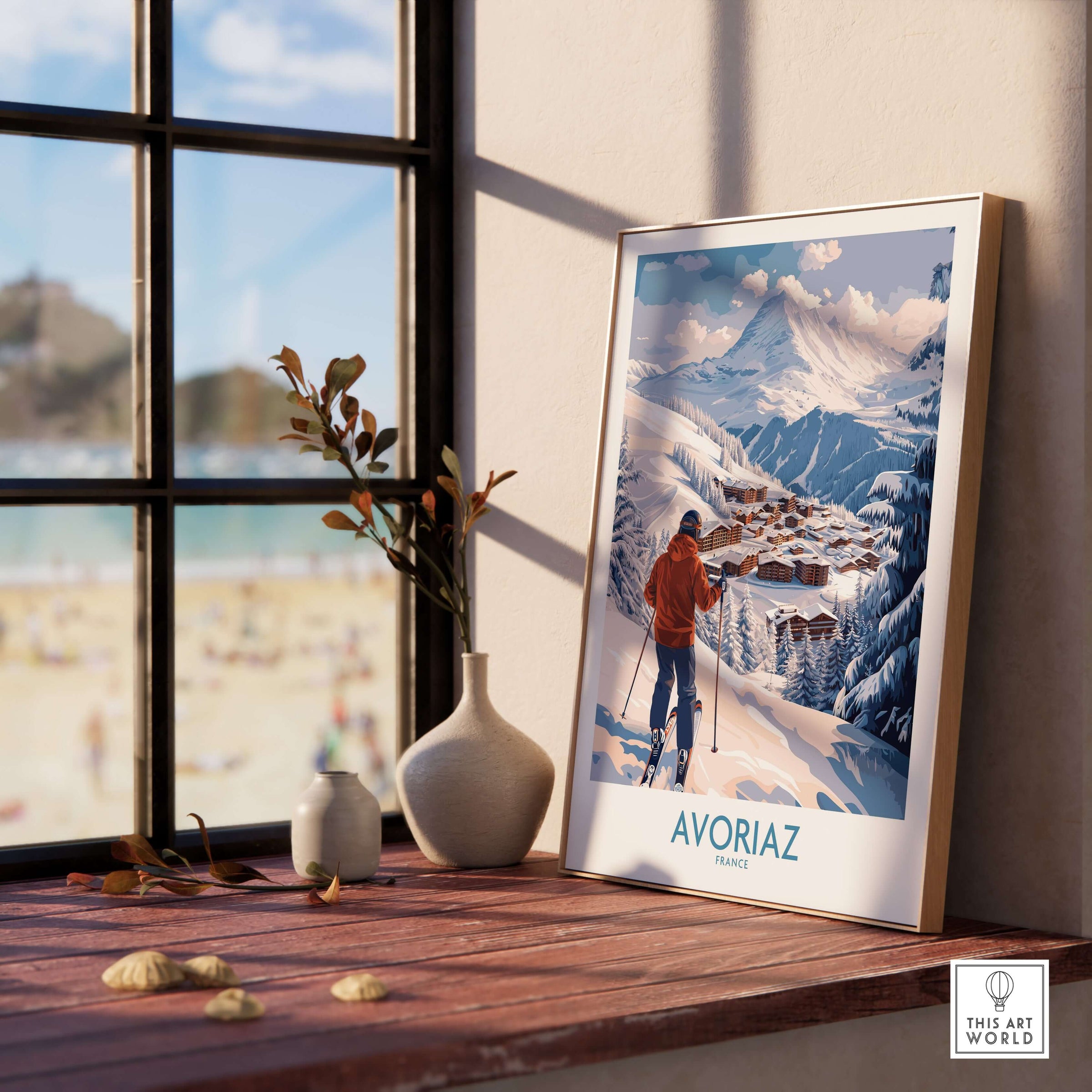 Avoriaz France Ski Chalet Village Art Print | Alpine Skiing Poster displayed in a cozy room setting with a window view.