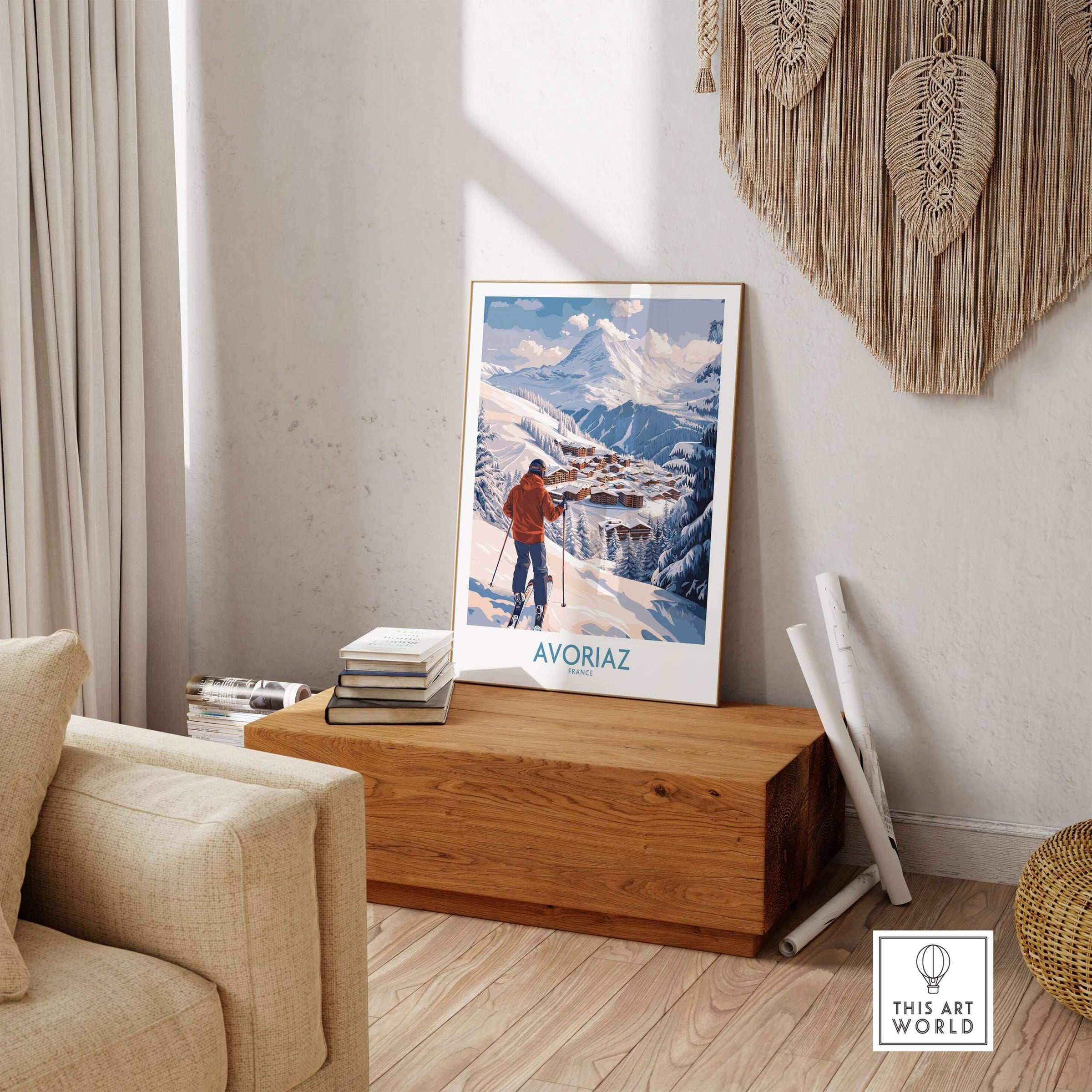 Avoriaz France Ski Chalet Village Art Print | Alpine Skiing Poster displayed in a cozy living room setting.