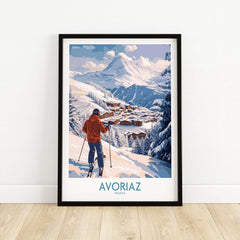 Avoriaz France Ski Chalet Village Art Print | Alpine Skiing Poster featuring a skier in a snowy landscape.