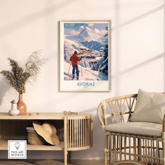 Avoriaz France Ski Chalet Village Art Print | Alpine Skiing Poster displayed in cozy living room setting.