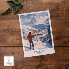 Avoriaz France Ski Chalet Village Art Print | Alpine Skiing Poster featuring winter landscape and skier.
