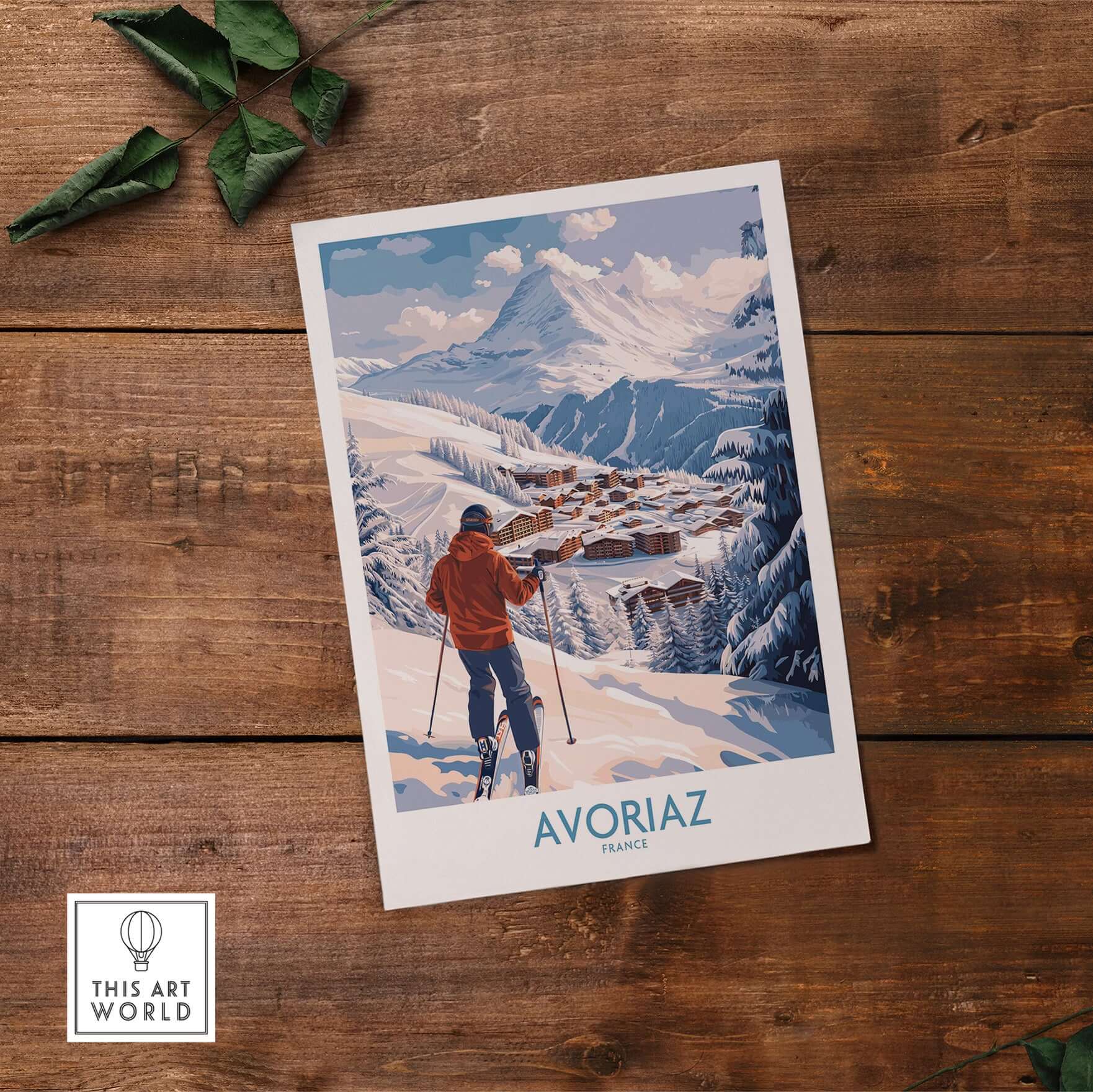 Avoriaz France Ski Chalet Village Art Print | Alpine Skiing Poster featuring winter landscape and skier.