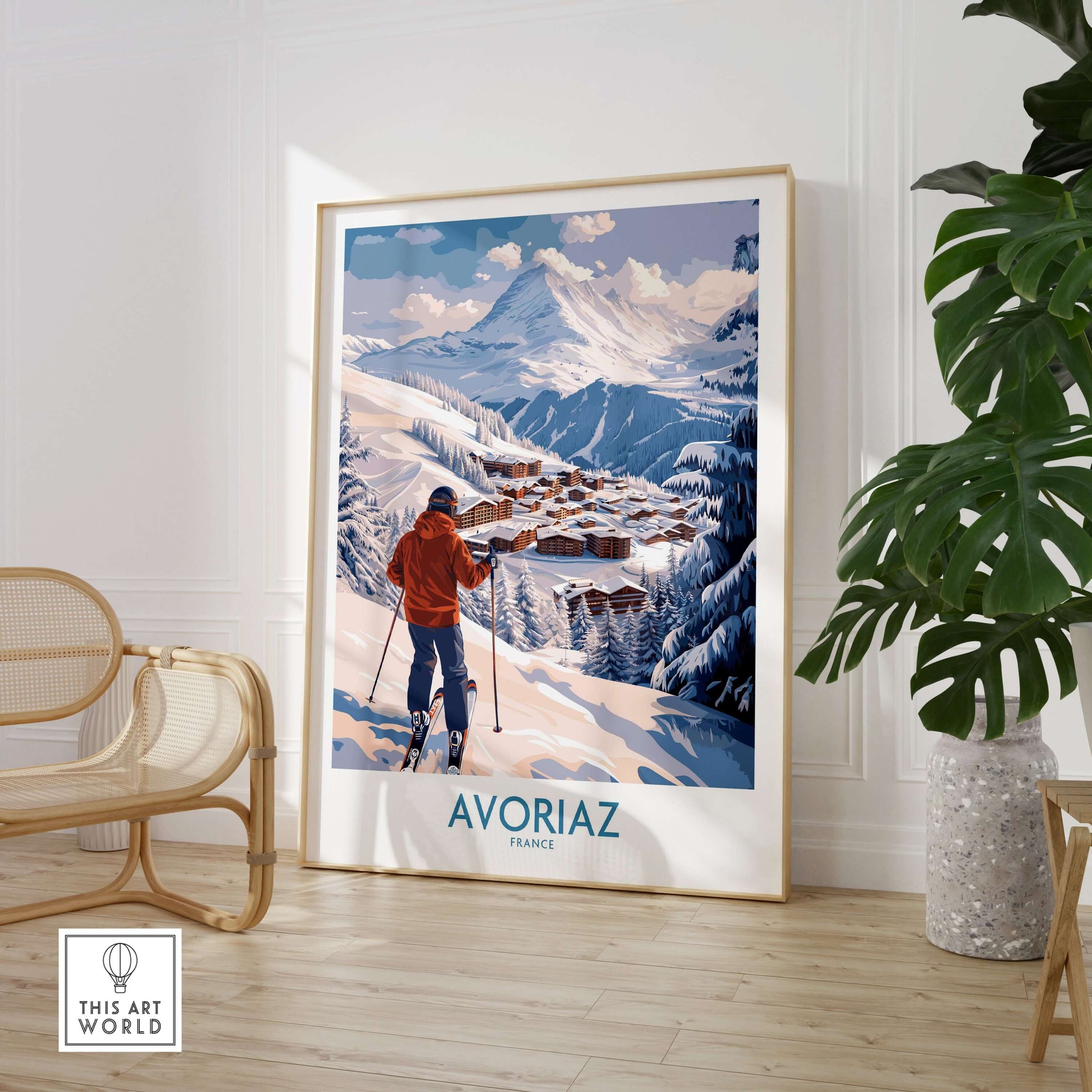 Avoriaz France Ski Chalet Village Art Print | Alpine Skiing Poster showcasing a winter scene with skier and alpine village.