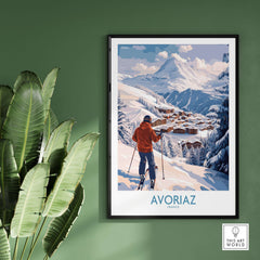 Avoriaz France Ski Chalet Village Art Print | Alpine Skiing Poster featuring skier and snowy mountain scene.