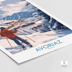 Avoriaz France Ski Chalet Village Art Print | Alpine Skiing Poster showcasing a winter scene and skier in the French Alps.
