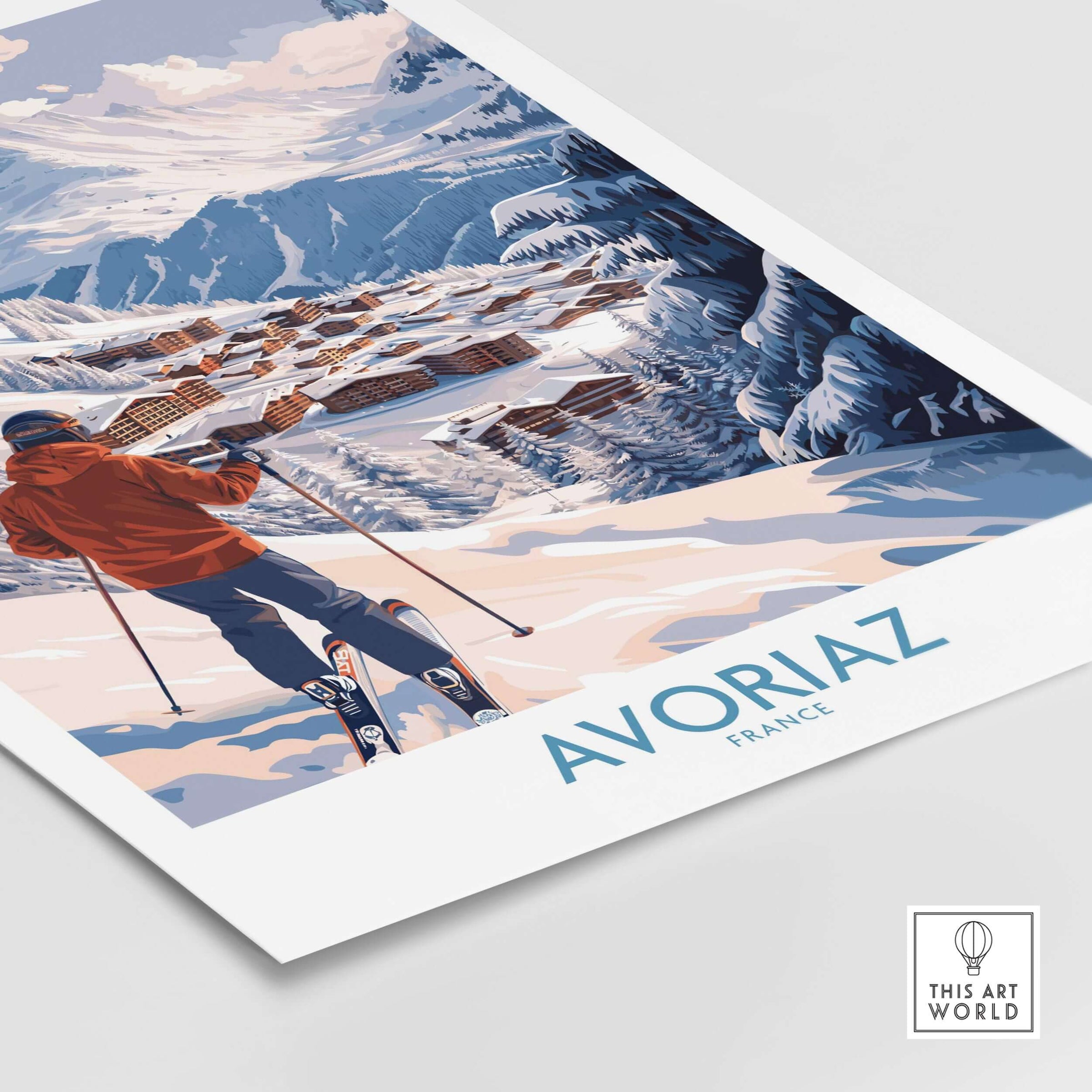 Avoriaz France Ski Chalet Village Art Print | Alpine Skiing Poster showcasing a winter scene and skier in the French Alps.