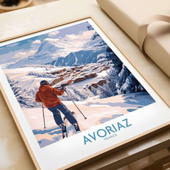 Avoriaz France Ski Chalet Village Art Print | Alpine Skiing Poster showcasing a skier overlooking a winter village scene.