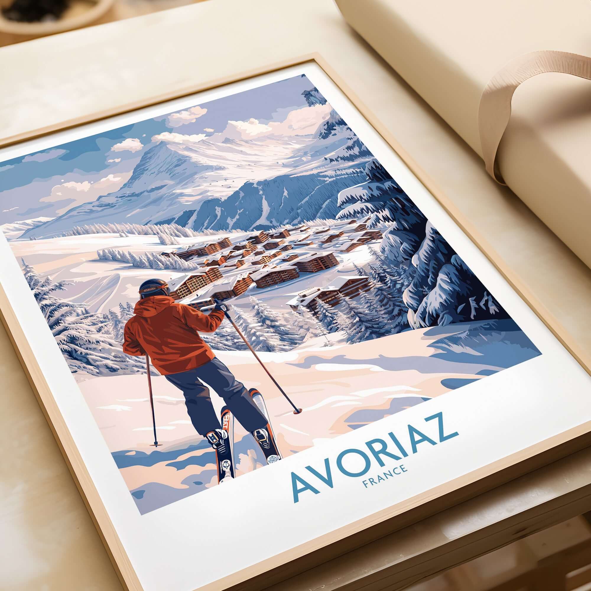 Avoriaz France Ski Chalet Village Art Print | Alpine Skiing Poster showcasing a skier overlooking a winter village scene.