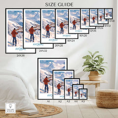 Avoriaz France Ski Chalet Village Art Print | Alpine Skiing Poster size guide showcasing various frame sizes.